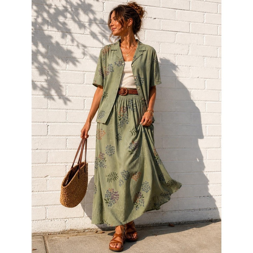 Vintage TA Green Floral Midi Skirt Set Flowy Matching Elastic Waist L